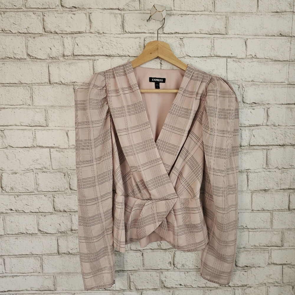 ☆ EXPRESS Pink Plaid Peplum Blouse, XS ☆